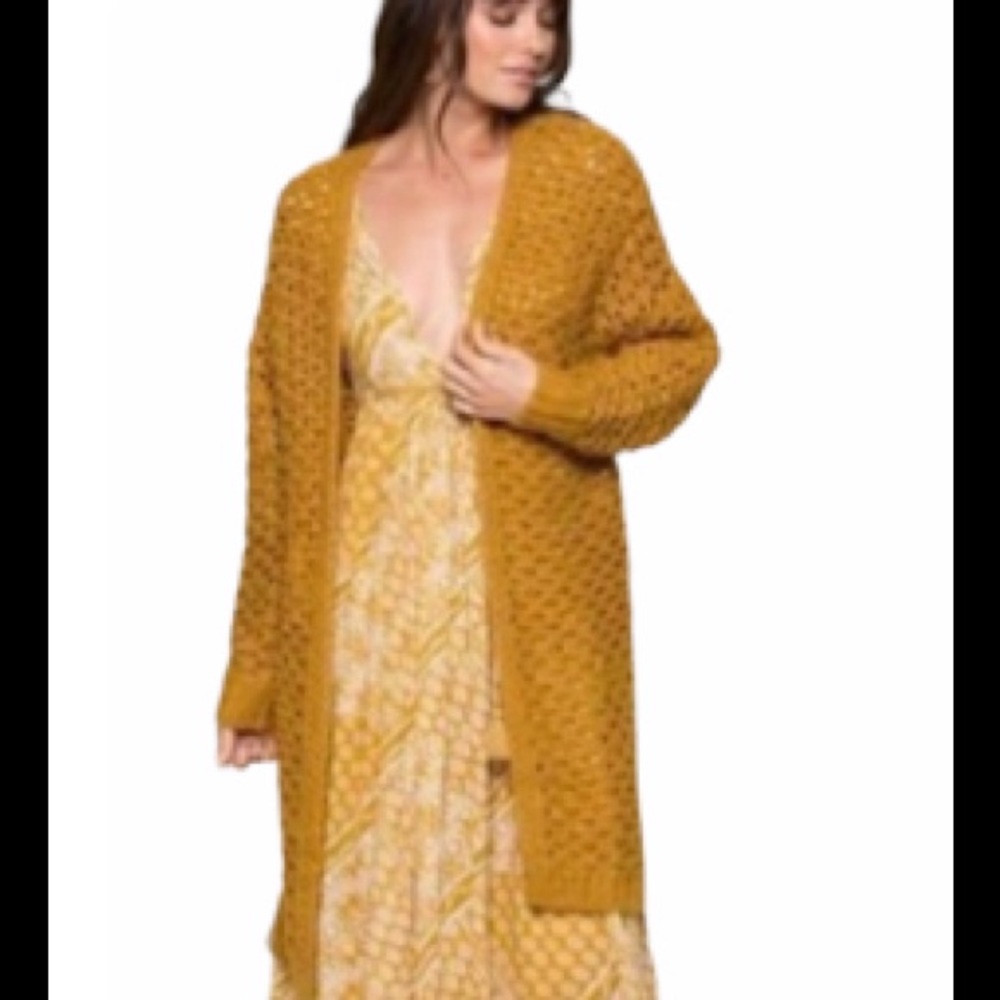 RAGA Crocheted Mustard Color Open Cardigan
